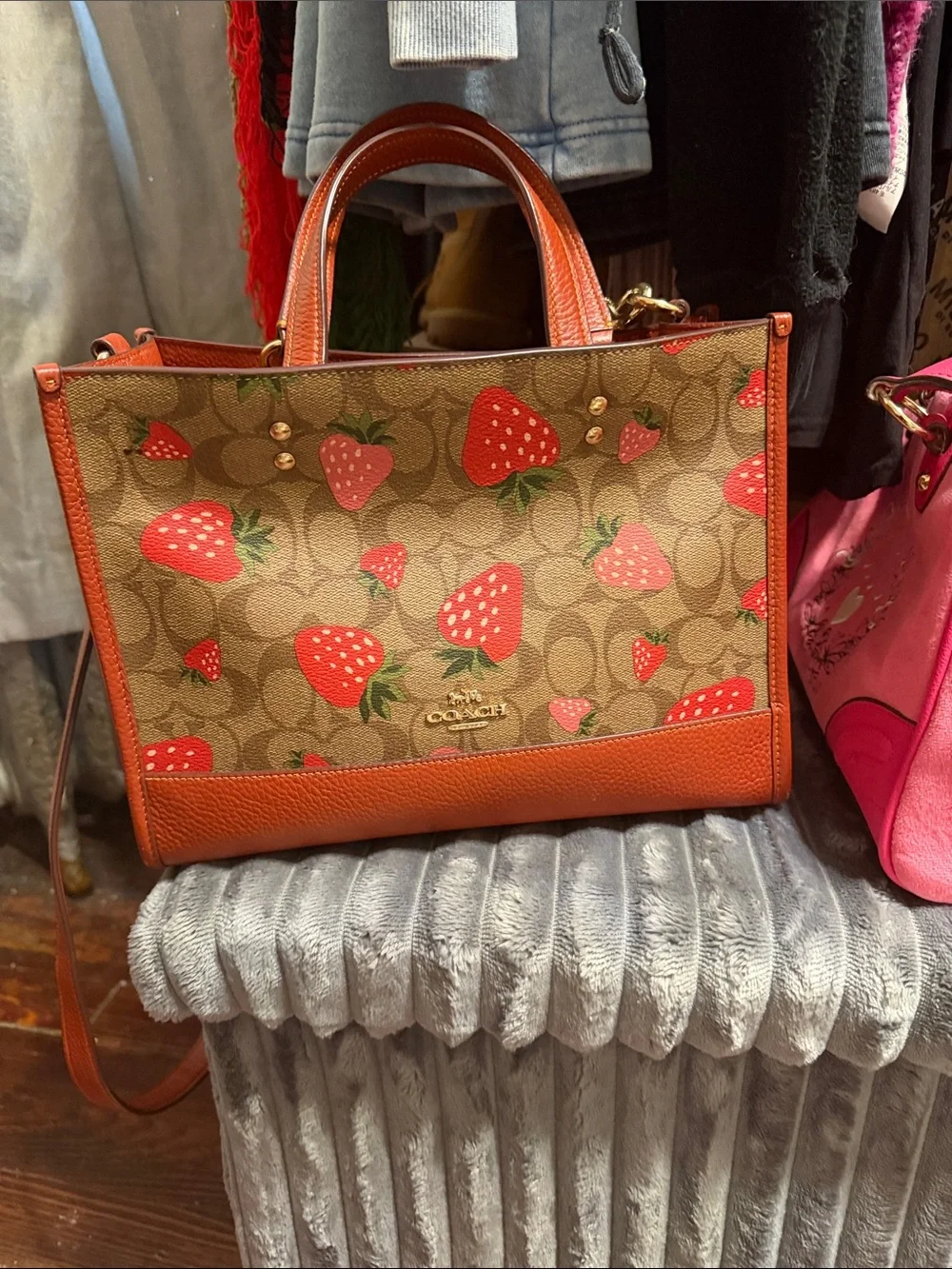 Coach Strawberry Print Signature Canvas Tote in Orange